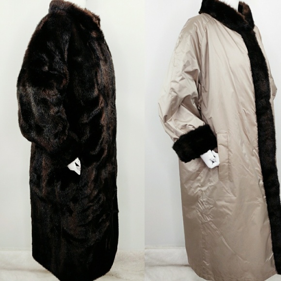 Vintage Faux Fur Reversible Trench Coat Mink Tan - Picture 2 of 8